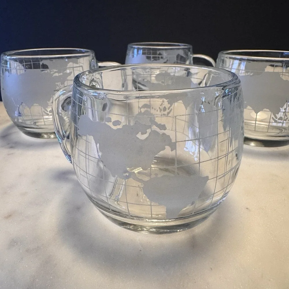 Vintage Nestle Nescafe Etched Glass WORLD GLOBE Coffee Cup Mugs Set of 4